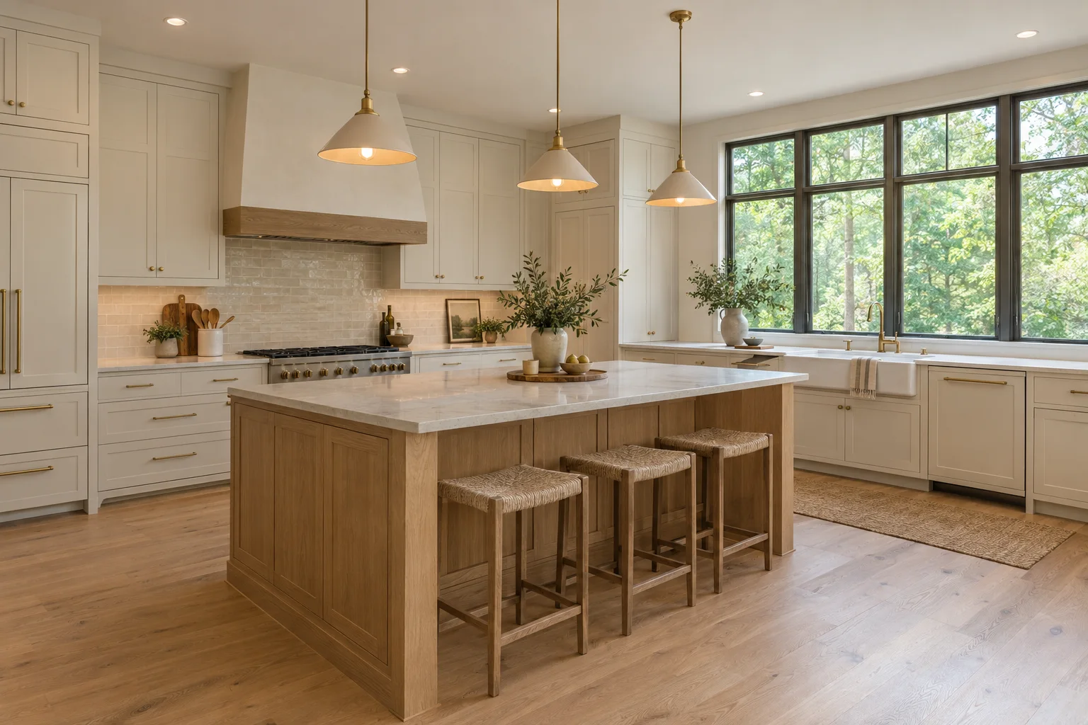 Illustrative residential kitchen with pendant and recessed lighting